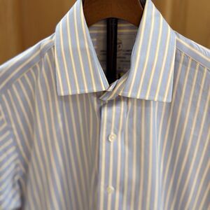 Harvie & Hudson Mens Dress Shirt 15.5 Blue Pastel Striped Button‎ Up French Cuff